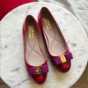 Salvatore Ferragamo Red Patent Leather Vara Bow Flats with Purple Ribbon